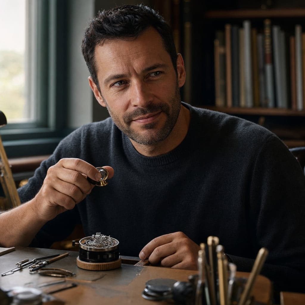 Stewart Charette, watch industry analyst, holding a brass loupe at a watchmaker’s workbench