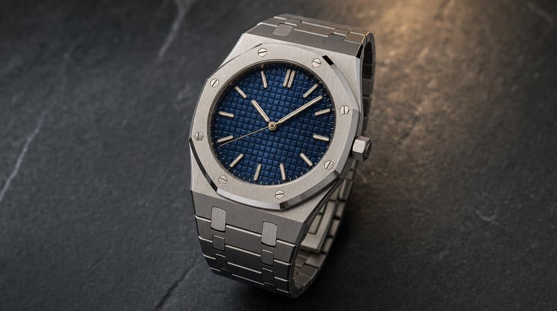 Stainless-steel sport-luxury watch with octagonal bezel, eight visible exposed screws, and deep blue tapisserie dial