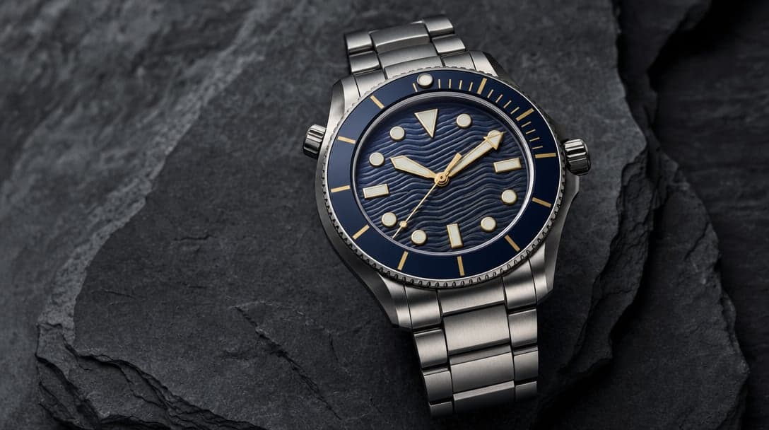Stainless-steel automatic diving sports watch with blue wave-pattern dial, ceramic bezel, and helium escape valve