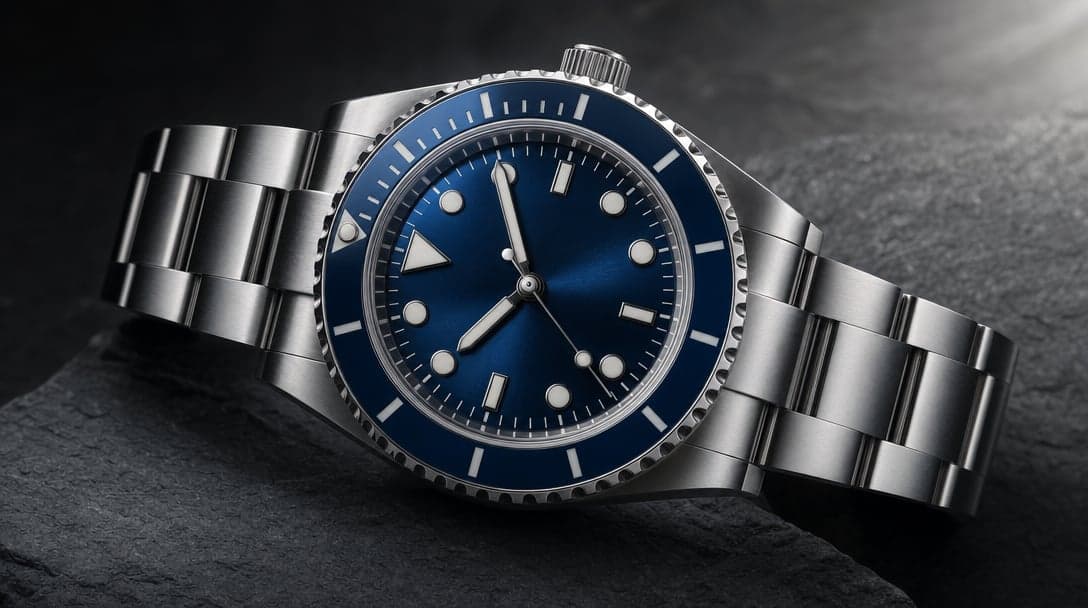 Stainless-steel automatic diving sports watch with deep blue sunburst dial and ceramic blue rotating bezel on dark slate