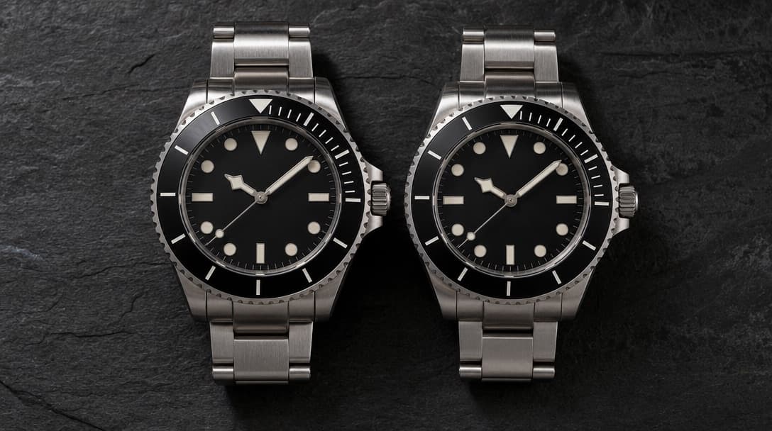 Two near-identical stainless-steel diving watches with black dials and ceramic bezels side by side on dark slate, the left case only slightly larger than the right