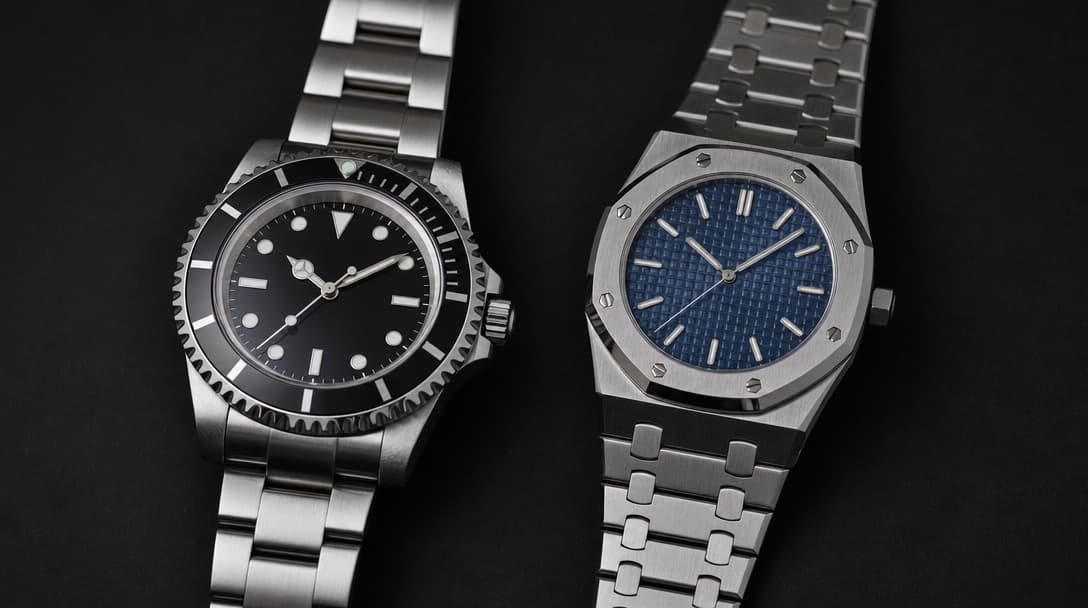 A stainless-steel diving watch with a black rotating bezel beside a stainless-steel watch with an octagonal bezel and integrated bracelet on a matte black surface