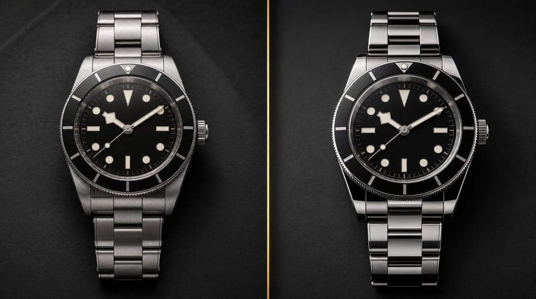 Two luxury black-dial diving watches with stainless-steel bracelets, one with refined finishing, on a matte black surface