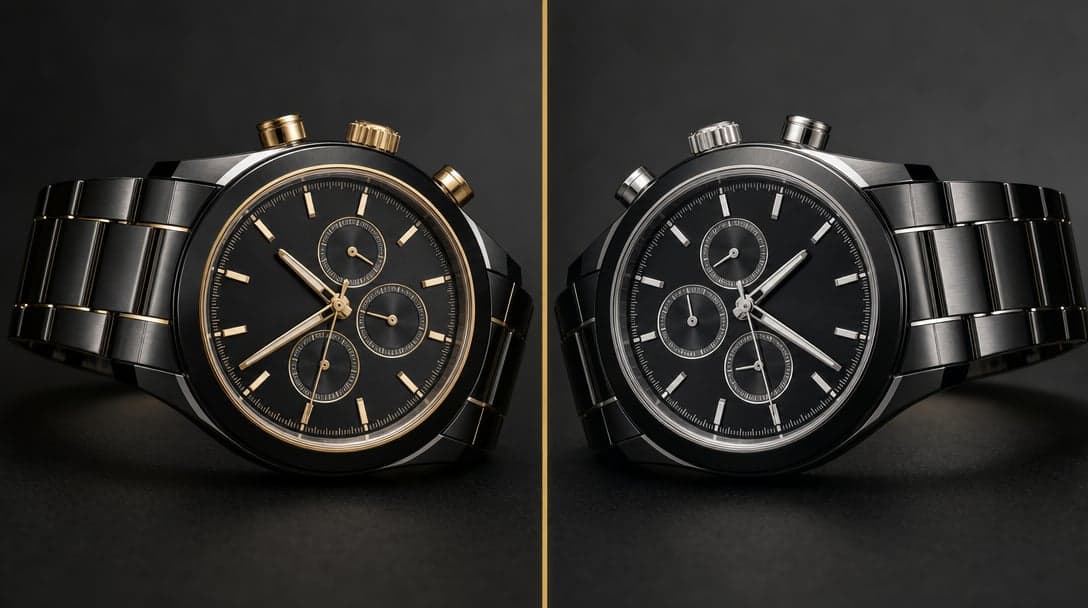Two visually similar luxury automatic chronograph watches with black dials and three sub-dials facing each other on matte black surface