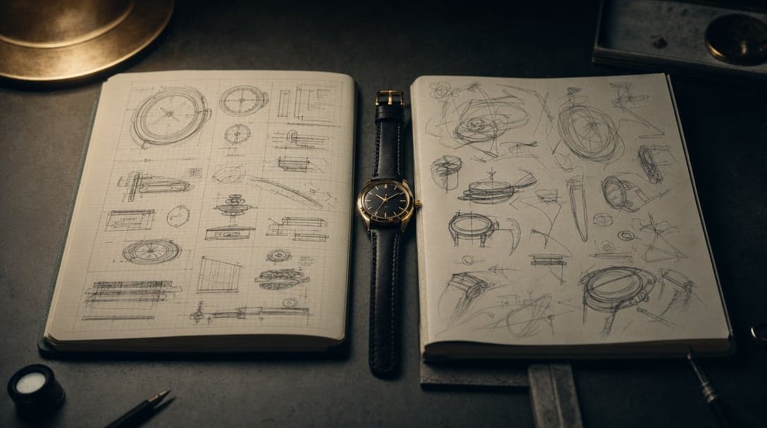 Two open notebooks side-by-side — one with structured technical notes, one with messier sketches — and a luxury watch resting between them