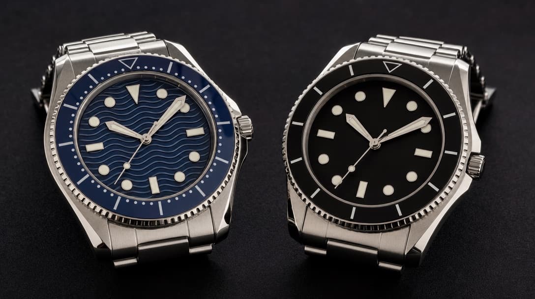 A stainless-steel diving watch with a blue wave-pattern dial beside a stainless-steel diving watch with a black dial and rotating bezel on a matte black surface