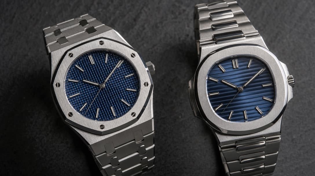 Two stainless-steel sport-luxury watches with integrated bracelets and embossed dials, one with an octagonal bezel and one with a rounded-octagonal bezel, on dark slate