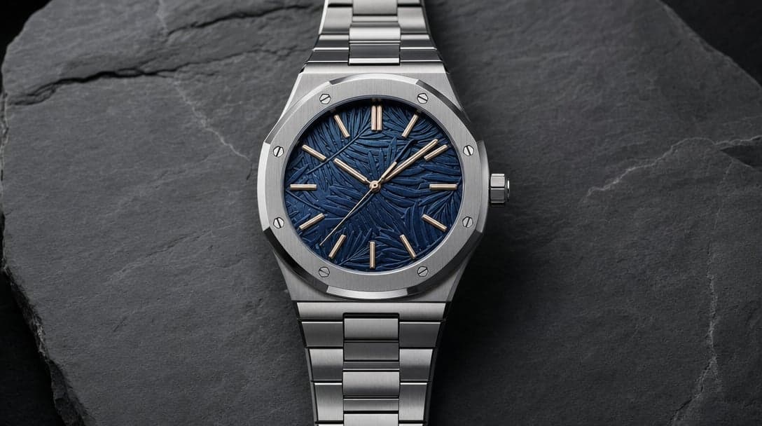 Top-down studio view of an embossed horizontal-pattern luxury sport-watch dial with applied baton hour markers under cool studio lighting