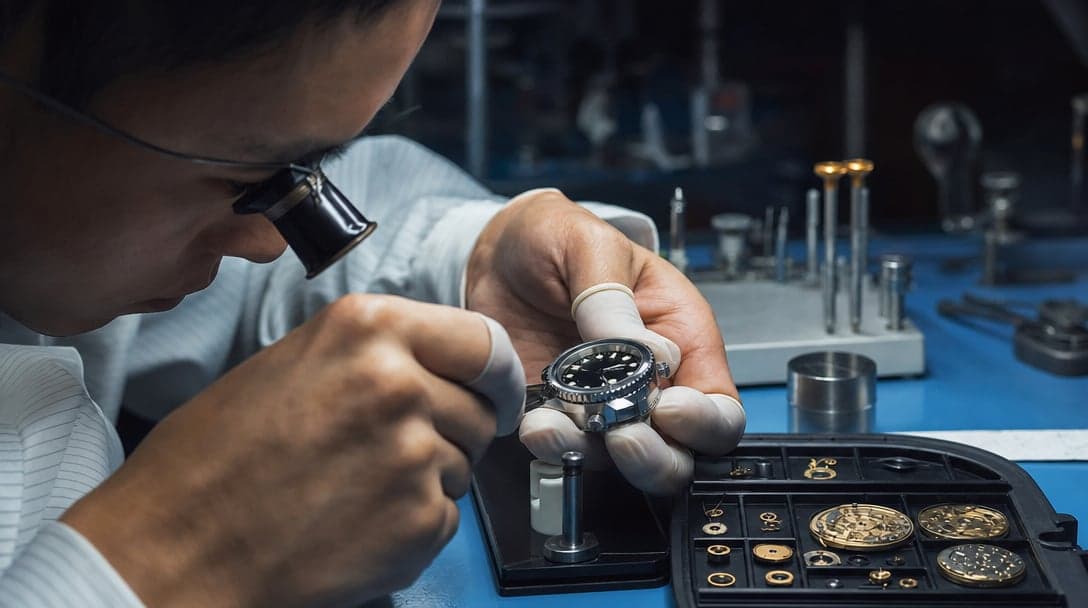 Watchmaker assembling a stainless-steel diving watch with black dial under cool overhead LED lighting
