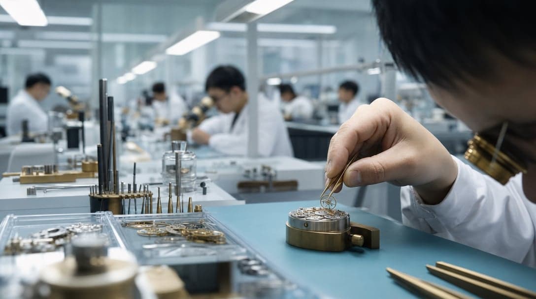 Modern watchmaking facility interior with technicians assembling mechanical movements at long benches under cool LED lighting