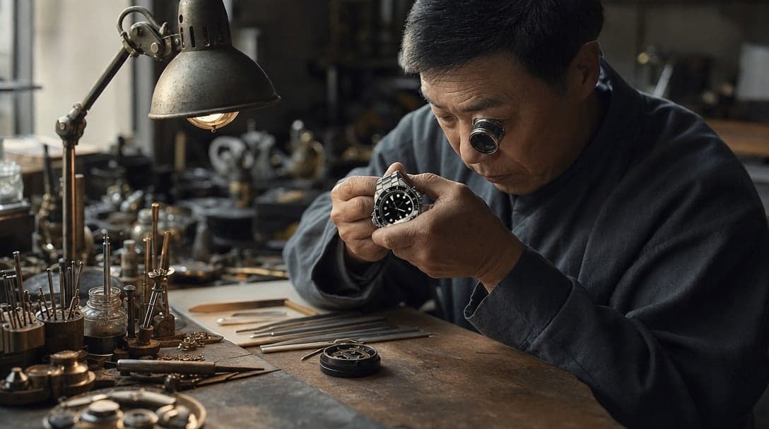 Watchmaker inspecting a stainless-steel diving watch under amber lamp light at a worn wooden workbench