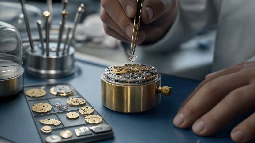 Watchmaker placing a Co-Axial-style escapement into a brass-tone movement under workshop lighting