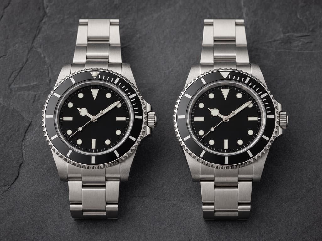 Two visually identical stainless-steel sports watches lying side by side on dark slate for direct comparison