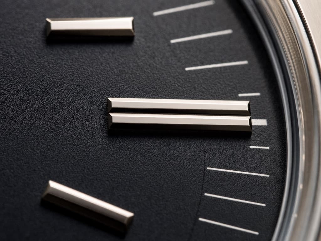 Macro view of polished applied metal hour markers seated level on a matte black watch dial beside a finely printed minute track