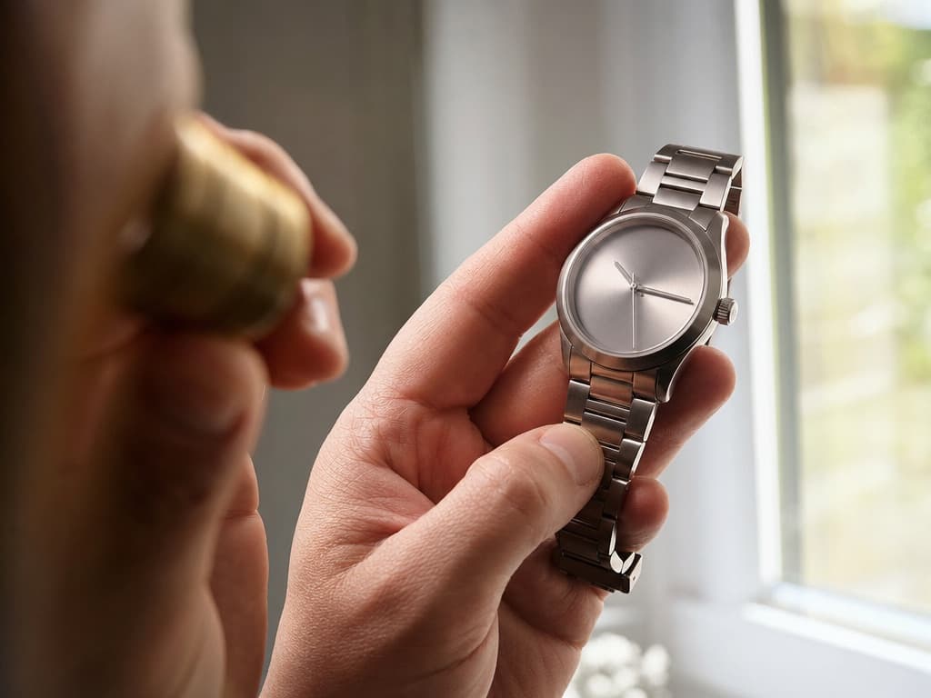 Hands holding a stainless-steel sports watch up to a bright window while inspecting the crystal at an angle through a brass loupe