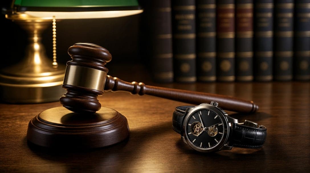 Wooden judge’s gavel resting next to a luxury automatic sports watch on a dark walnut desk under a green banker’s lamp