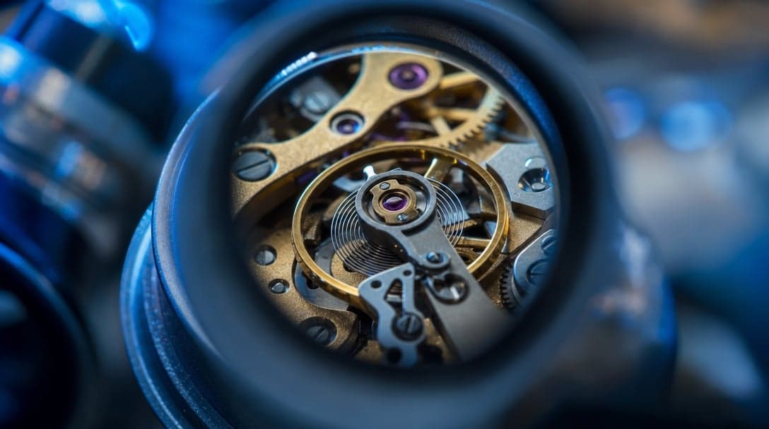 Brass-tone mechanical watch movement viewed through a watchmaker’s 10× loupe lens with the balance wheel sharply visible