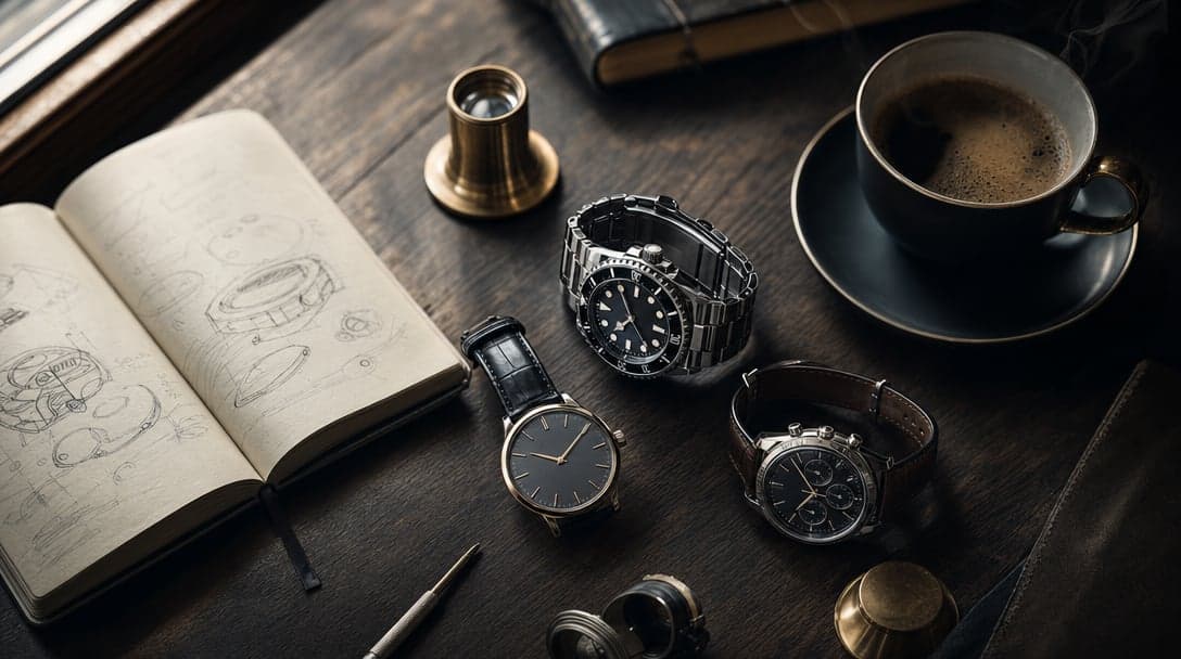 Wooden desk with an open notebook of handwritten notes, several luxury watches, a brass loupe, and a coffee cup