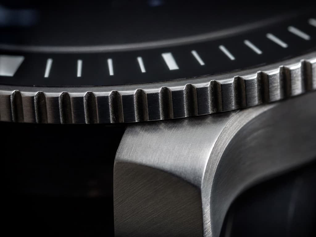 Extreme macro of the edge of a black ceramic dive watch bezel showing the knurled coin-edge grip and the transition to brushed steel