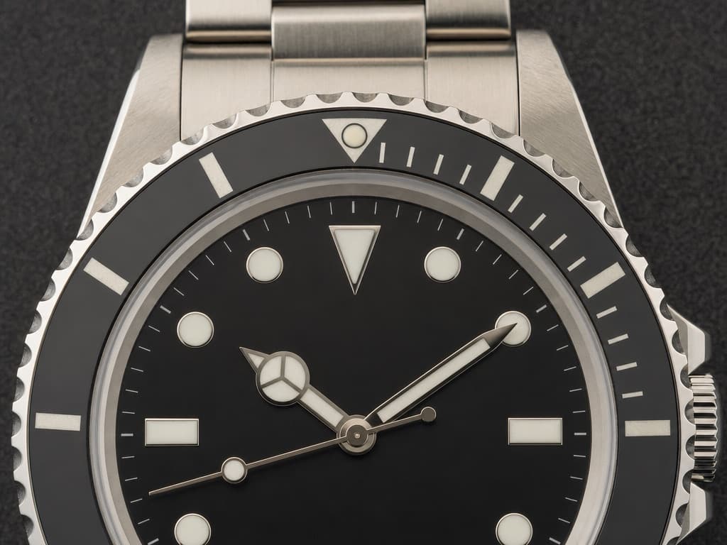 Overhead macro of a stainless-steel dive watch with a black rotating bezel, focused on the triangle marker aligned at twelve