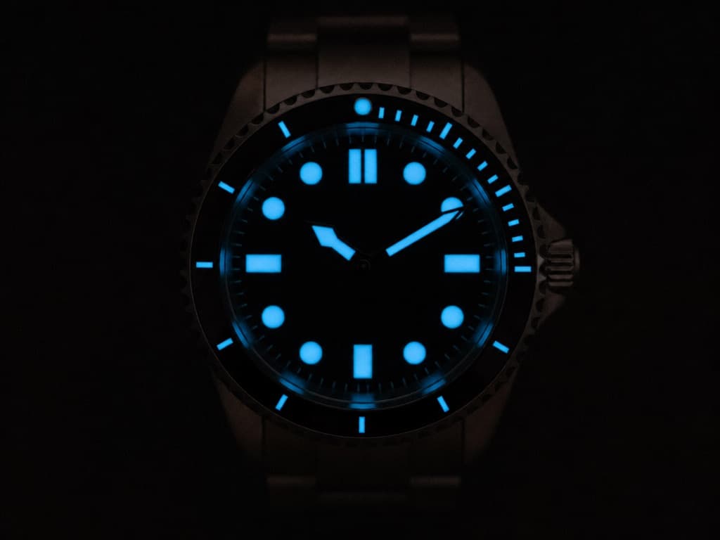Stainless steel dive watch in darkness with hour markers, hands and bezel pip all glowing an even bright blue