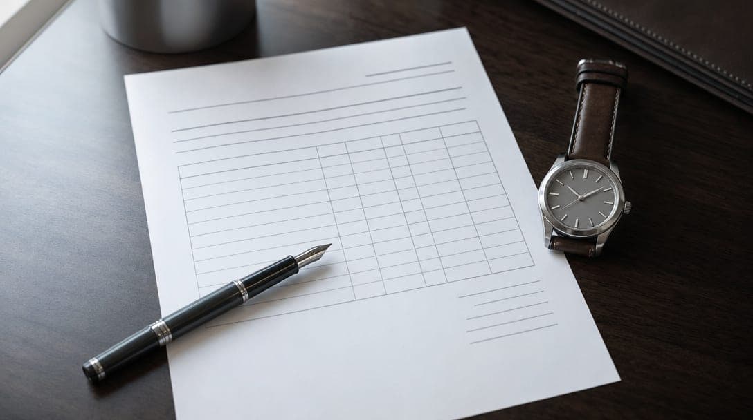 Printed order form with a blank table grid on a dark walnut desk, a fountain pen across it and an unbranded steel watch on a leather strap beside it