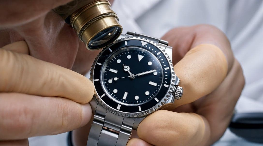 Watchmaker’s hands holding a stainless-steel diving watch with a brass 10× loupe pressed against the dial