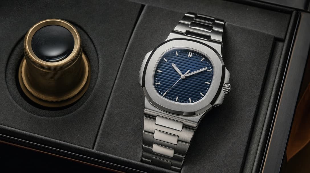 A stainless-steel sport-luxury watch with a rounded-octagonal bezel and blue embossed dial on a dark presentation tray beside a loupe