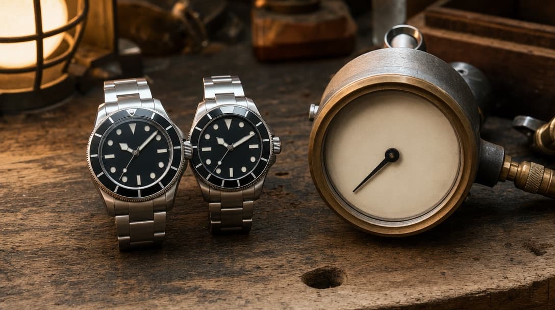 Two stainless-steel diving watches with black dials and ceramic bezels beside a pressure-testing gauge on a workshop bench
