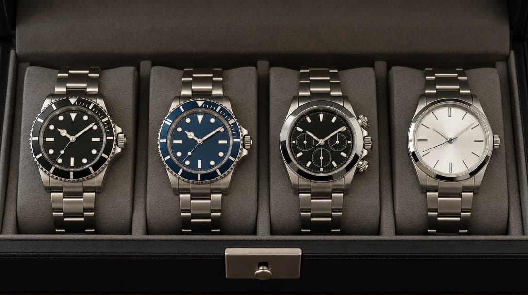 Four stainless-steel luxury watches of different styles arranged in a row in a dark presentation case lined with grey fabric