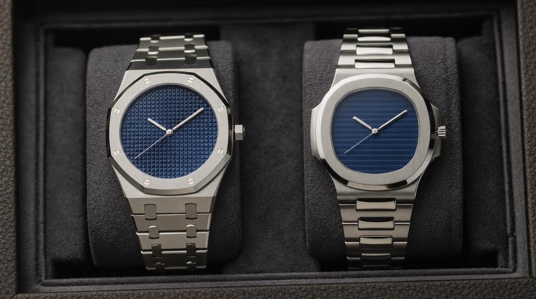 A stainless-steel sport-luxury watch with an octagonal bezel beside a watch with a rounded-octagonal bezel and integrated bracelet, both in a dark presentation tray