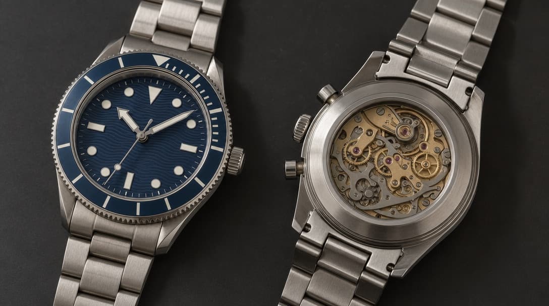 A stainless-steel diving watch with a blue wave-pattern dial beside a chronograph with a black dial, both turned to show exposed movements