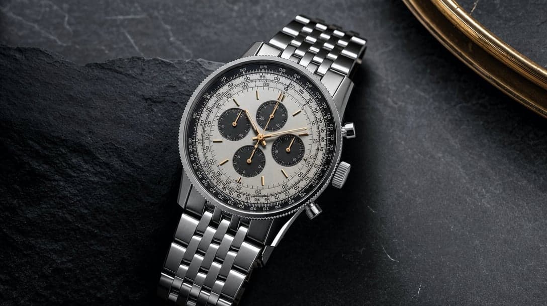 Stainless-steel pilot’s chronograph watch with a busy multi-scale dial, circular slide-rule bezel, and steel bracelet on dark slate