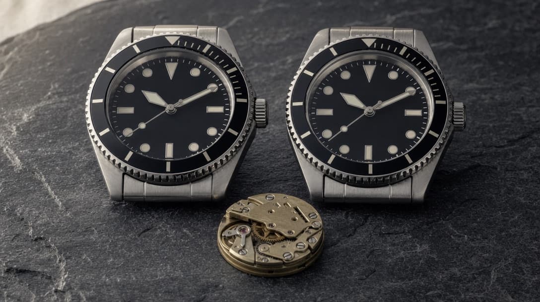 Two near-identical stainless-steel diving watches with black dials and rotating bezels facing each other on dark slate, one turned to show its exposed mechanical movement