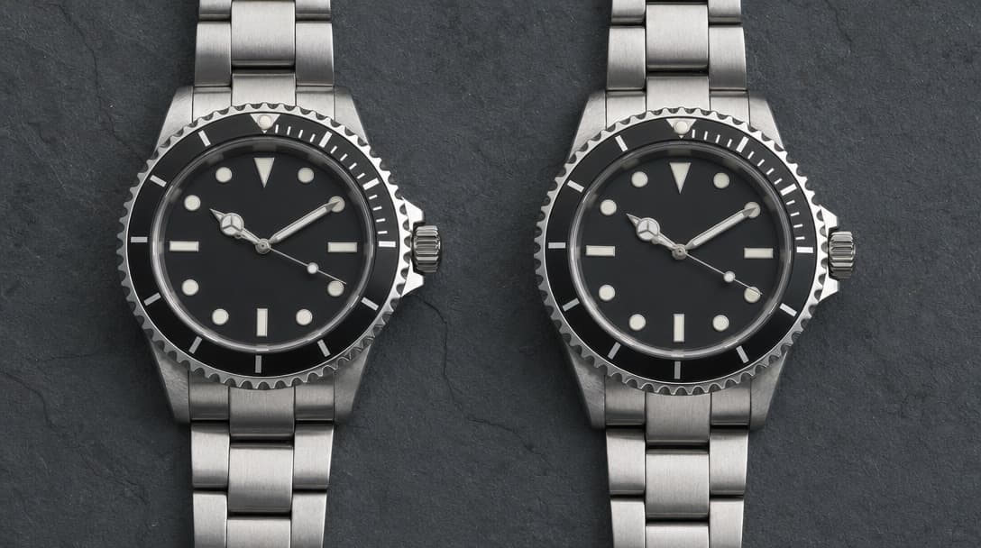Two stainless-steel diving watches with black dials on dark slate, one dial bare of any printing and one dial carrying a small blank printed area