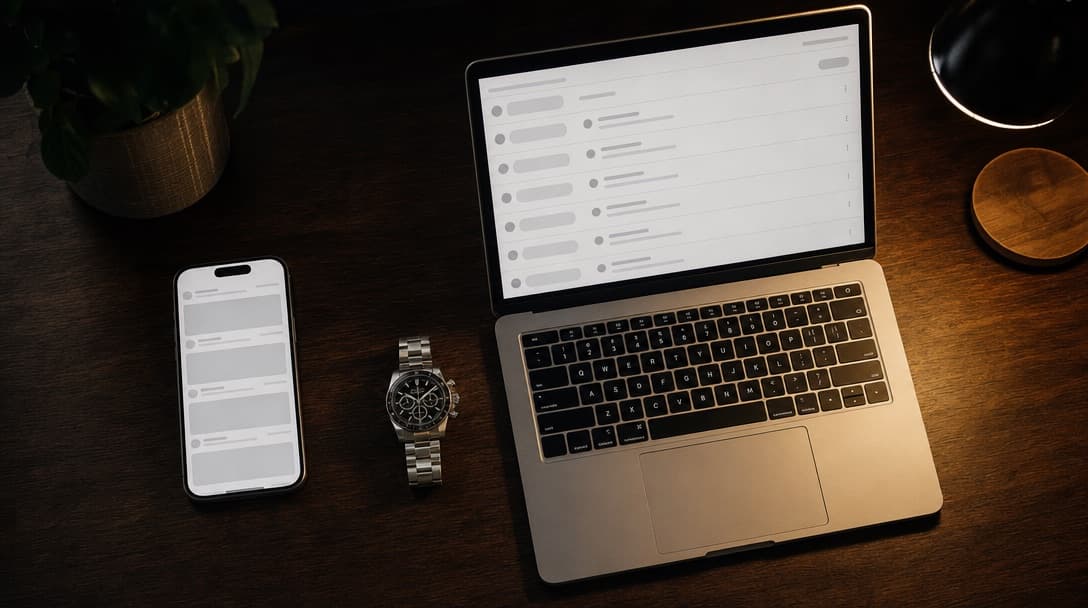 A smartphone showing a scrolling discussion feed beside an open laptop showing a threaded forum, with a luxury sports watch resting between them