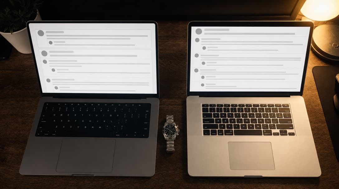 Two laptops side by side on a dark wooden desk, each showing a plain threaded forum layout of grey placeholder rows, with a luxury sports watch resting between them