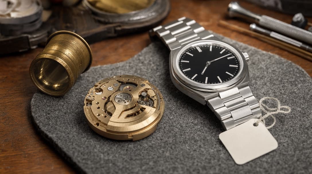 A brass-tone mechanical watch movement on a workbench beside a stainless-steel sports watch carrying a blank paper grading tag