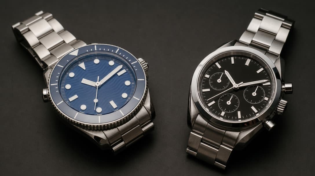 A stainless-steel diving watch with a blue wave-pattern dial beside a stainless-steel chronograph with three sub-dials on a matte black surface
