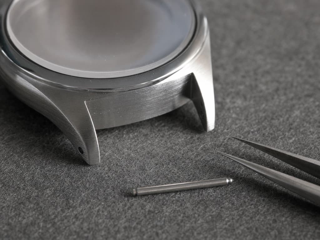 Stainless steel watch case with the bracelet removed, showing the bare machined surface between the lugs beside a spring bar and watchmaker's tweezers