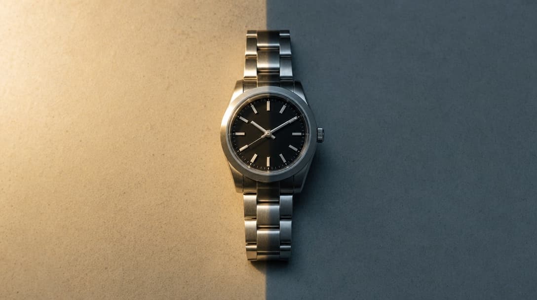 A stainless-steel sport watch on a steel bracelet placed on the line between a warmly lit surface and a cool shadowed one, so one side of the case reads bright and the other dark