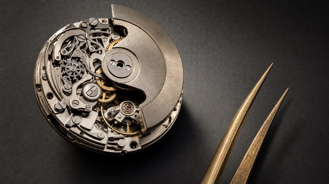 An exposed mechanical chronograph movement out of its case showing the column wheel, coupling clutch and levers, with brass tweezers beside it