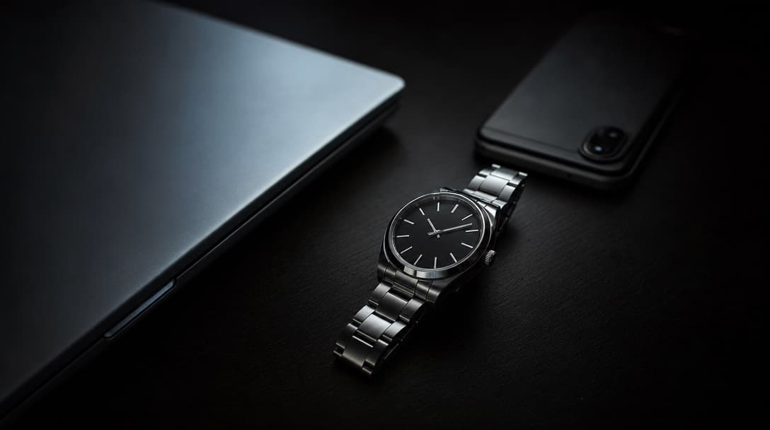 A stainless-steel watch with a black dial on a dark desk beside a closed laptop and a face-down phone, lit only by cool screen glow from one side