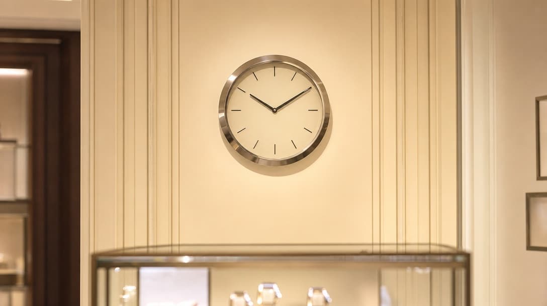 A large round wall clock with a plain cream dial and polished metal bezel mounted on pale panelling in a retail showroom, with a display cabinet blurred below