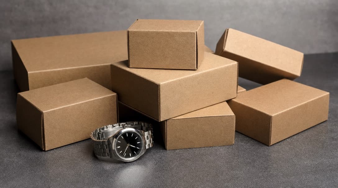 Several small unbranded shipping parcels stacked on a dark surface beside a stainless-steel sports watch