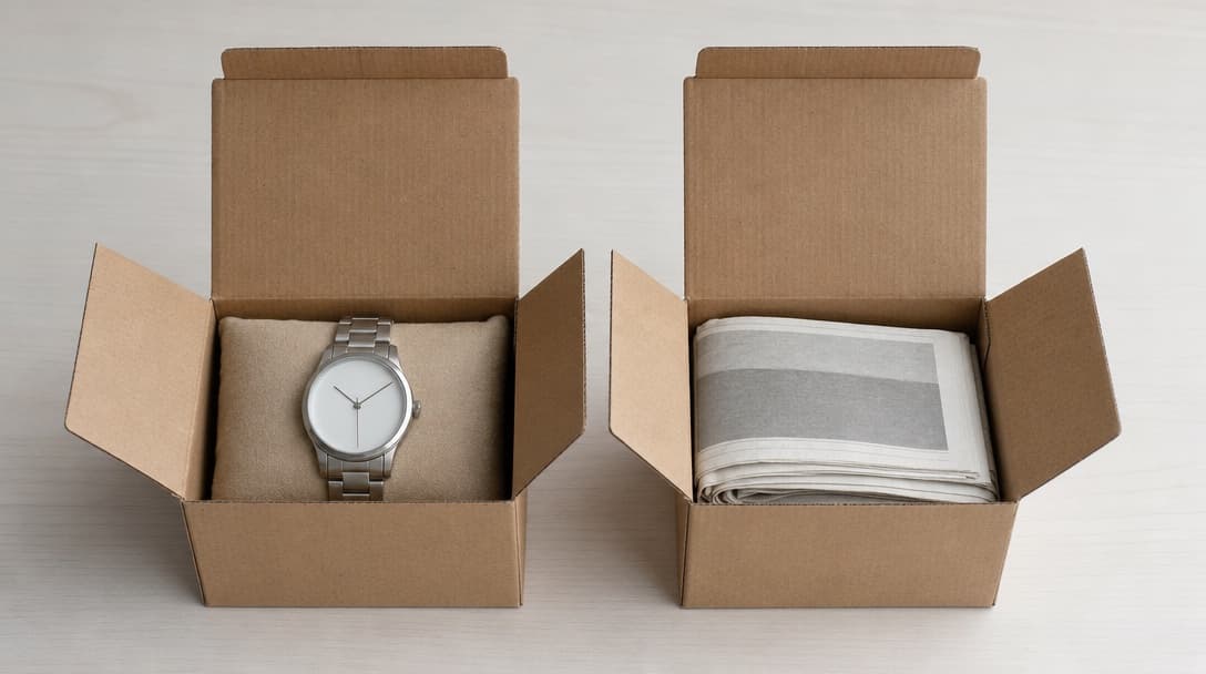 Two identical open cardboard boxes side by side, one holding a stainless-steel watch on a cushion and the other holding a folded newspaper