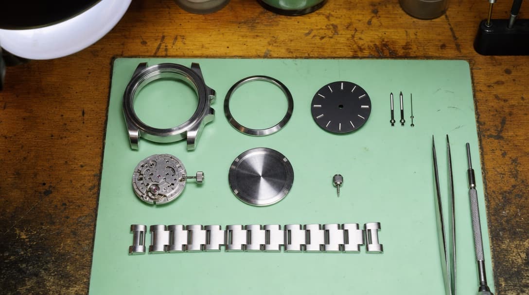 A stainless-steel watch fully disassembled on a watchmaker's mat, showing the bare case, bezel, dial, separated hands, movement, caseback, crown and bracelet links beside tweezers and a screwdriver