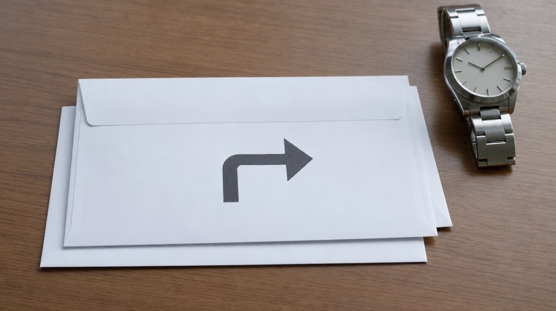 A plain white envelope stamped with a large redirect arrow lying on a desk over a second envelope, beside a stainless-steel watch