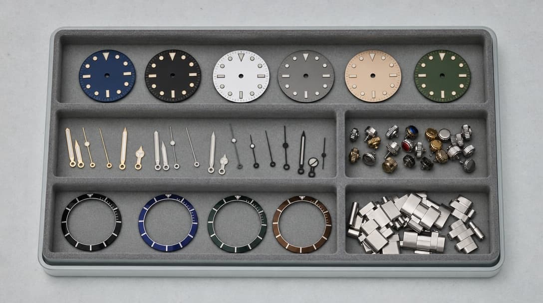 A compartmented watchmaker's parts tray holding spare dials, separated hands, ceramic bezel inserts, crowns and bracelet links sorted by type