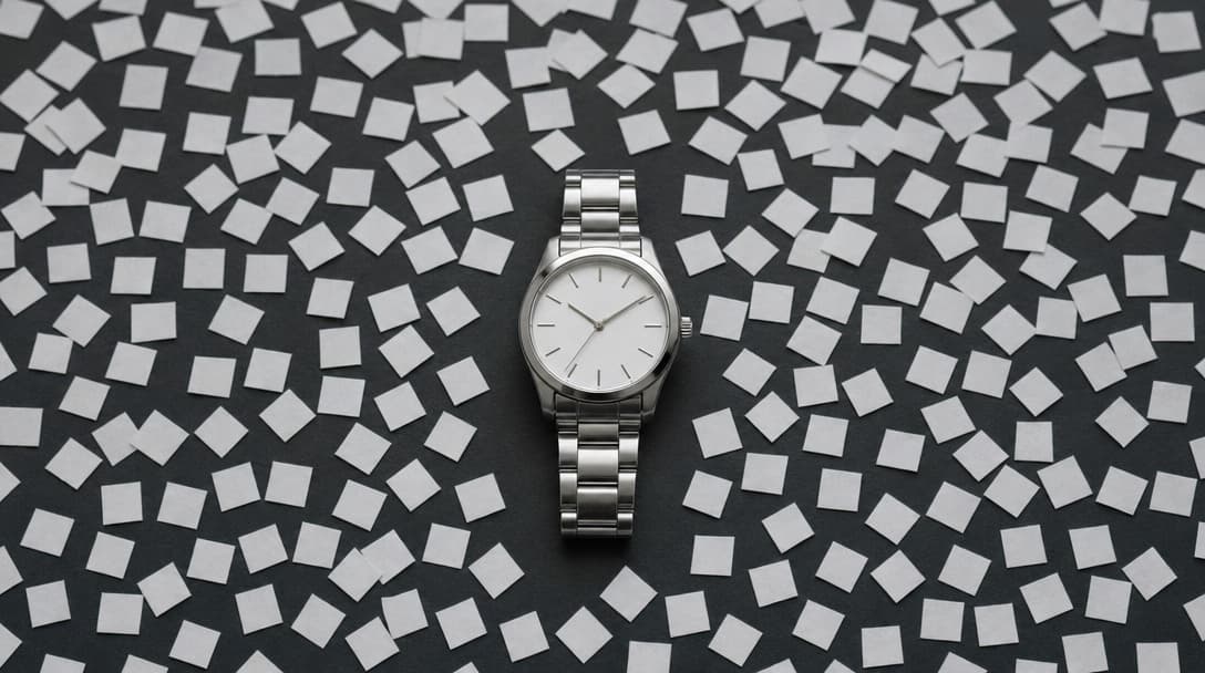 A single stainless-steel watch with a white dial photographed from above at the centre of a wide scattered field of small identical blank paper squares